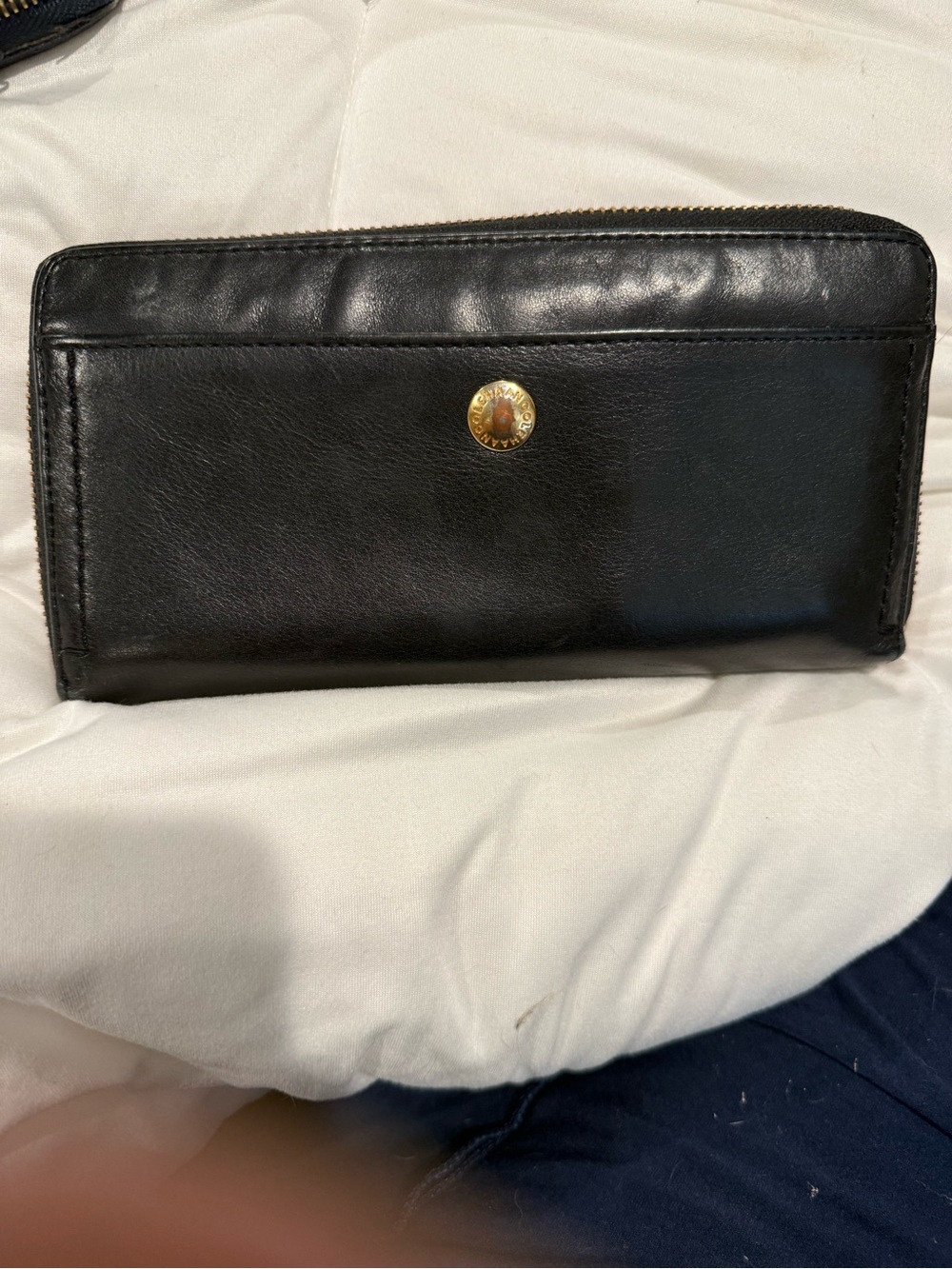 Cole Haan Black Leather Zip Wallet with Gold Button Accent